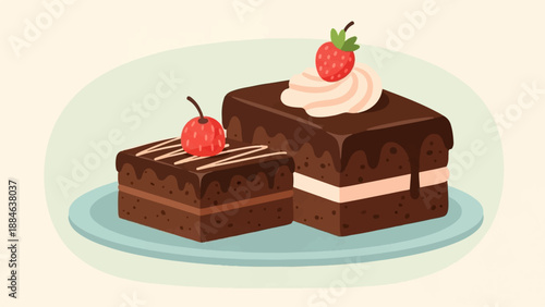 Two chocolate cakes with fruit and cream toppings on a plate