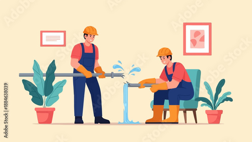 Two repairmen fixing a broken pipe with water splashing