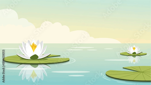 Peaceful pond with blooming water lilies under a soft, cloudy sky
