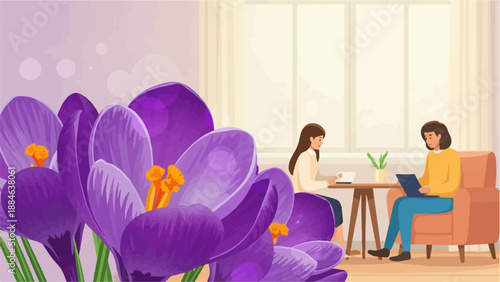 Purple crocuses frame two women working and relaxing indoors