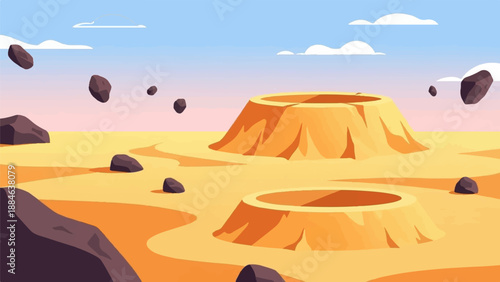 Stylized alien landscape with craters, rocks, and pastel sky