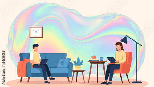 Two individuals work on laptops in a living room with a swirling, iridescent backdrop