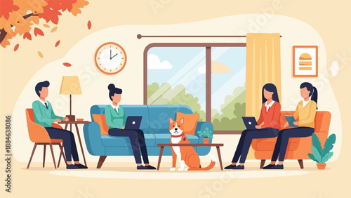 People working remotely in a cozy living room with a dog