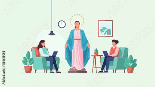 Two people using laptops while a statue of Mary looks on