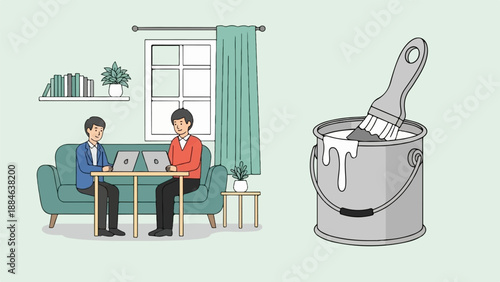 Two men working on laptops on a couch, next to a can of paint