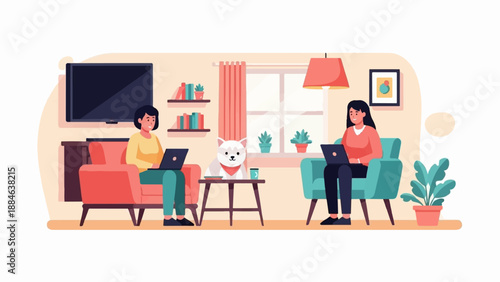 Two women and a dog work on laptops in a cozy, modern living room