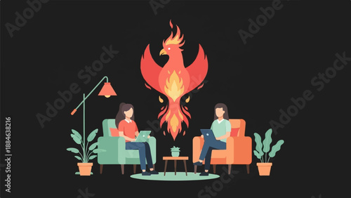 Two women sit in cozy chairs, working on laptops, under a fiery mythical bird