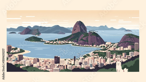 Pixelated city and bay with mountains and a small dog