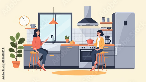 Two women are sitting on stools in a kitchen
