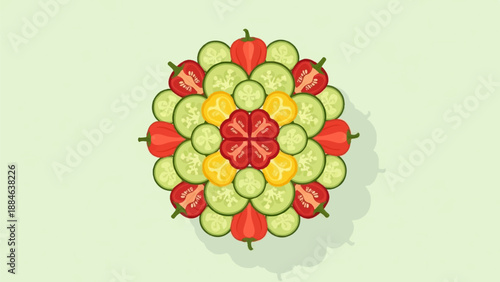 Vibrant vegetable mandala design with bell peppers and cucumbers