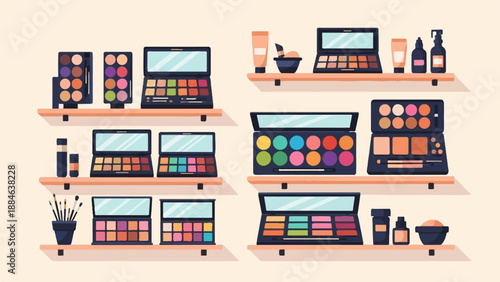 Shelves displaying a variety of makeup palettes and beauty products