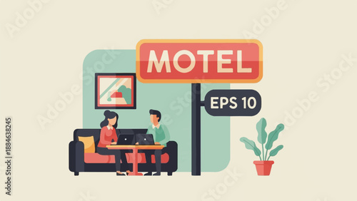 Two people work on laptops in a motel lobby beside a potted plant