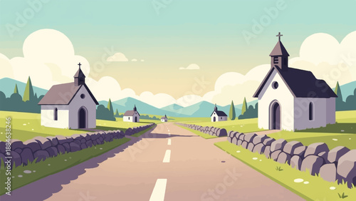 Pastoral road leads to chapels amidst rolling hills and fluffy clouds