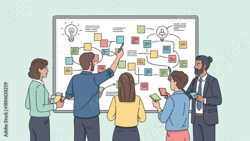 Team collaborating and brainstorming ideas on a whiteboard in an office meeting.