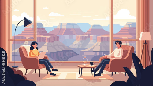 Relaxing indoors with a stunning canyon view, people working and reading