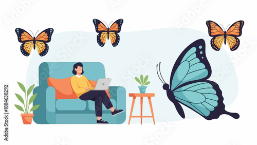 Woman on sofa with laptop and butterflies in a surreal, dreamlike setting
