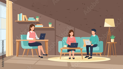 People working on laptops in a cozy home office environment