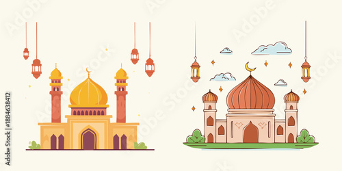 Flat vector illustration of mosque dome topped with crescent symbol representing Islamic faith.