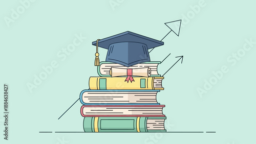 Conceptual illustration of education and academic growth with graduation cap and books.