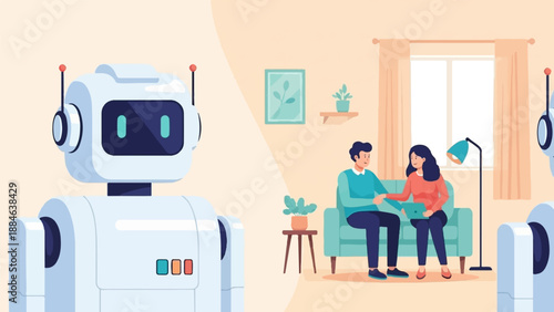 Two robots interact with humans in a modern, minimalist living room