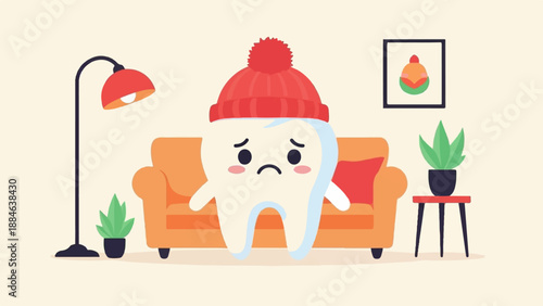 Sad tooth in beanie sits on couch near lamp and plants