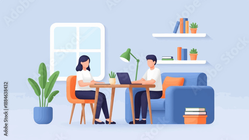 Two people working on laptops in a cozy home office with a plant and bookshelf