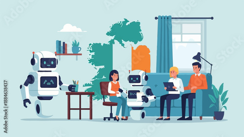 People and robots interact in a living room with a map of Ireland