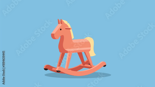 Simple coral rocking horse with yellow mane on blue background