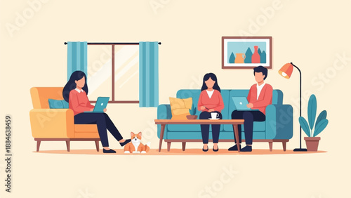 Three people and a dog relaxing in a living room, each with a laptop
