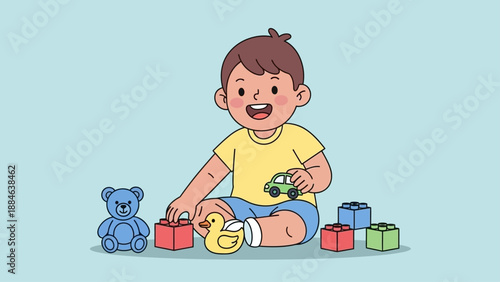 Happy toddler boy playing with colorful toys and building blocks indoors.