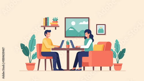 Two people working on laptops at a table in a cozy room with plants