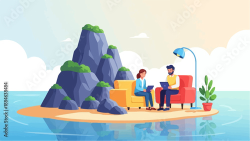 Two people work on laptops on a small island with a large rock formation