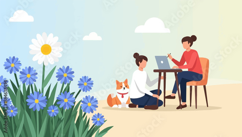 Two people and a dog enjoying a sunny day with flowers while working