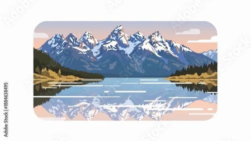 Serene mountain lake reflecting snow-capped peaks at sunrise/sunset