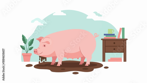 Pig in mud next to a plant and bedside table with books