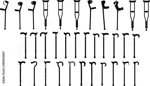 Collection of Black Silhouettes Featuring Various Medical Crutches and Walking Canes for Mobility Support Rehabilitation Disability Assistance and Healthcare Equipment Graphic Illustration Projects