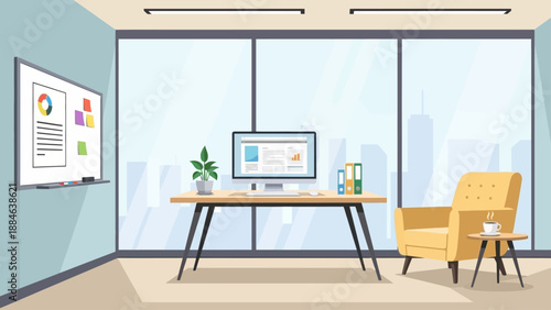 Modern office workspace with computer, chair, and large windows overlooking cityscape.