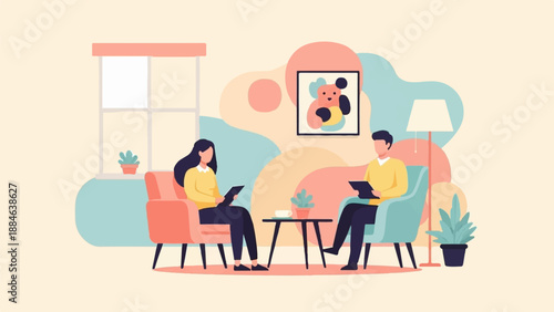 Two people sit in comfortable chairs, interacting with digital tablets