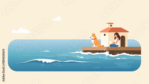 Peaceful scene of a dog and woman by the ocean with a small building