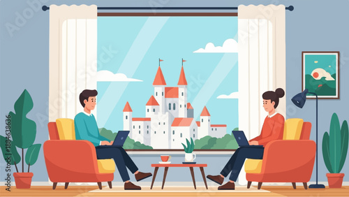 People working remotely with a castle view outside their window