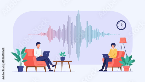 People working on laptops with waveform visualization and clock