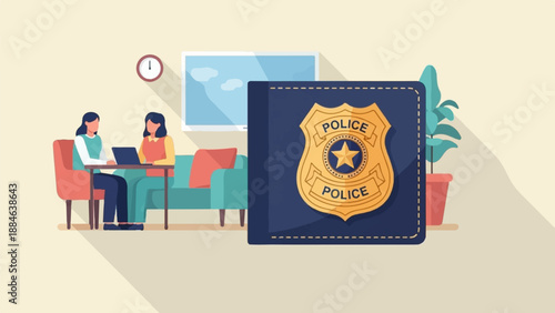 Two women interact with a laptop near a police badge and houseplant