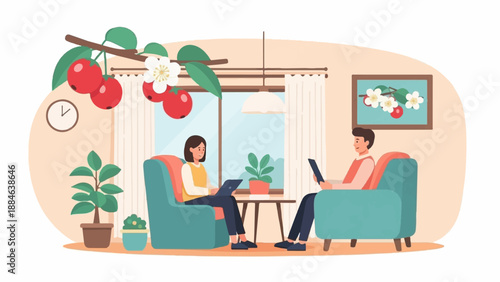 Two people on sofas with laptops and plants, fruit branch overhead