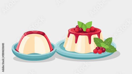 Two cream desserts, one plain, one with red sauce, berries and mint