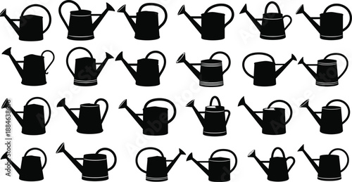 Collection of Black Watering Can Silhouettes Featuring Various Garden Tool Designs for Horticulture Landscaping Farming Agriculture Supplies and Home Gardening Graphic Illustration Projects