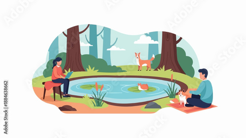People and pets enjoy a tranquil day by a pond in a wooded area