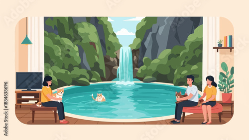 People relaxing by a serene indoor waterfall oasis with pets