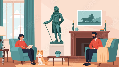 Two people and a dog relax in a room with a statue and fireplace