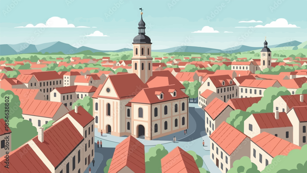 Fototapeta premium Pixel art cityscape with church, houses, and rolling hills under a sky with clouds