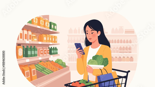 Woman using phone while shopping for groceries in a store aisle